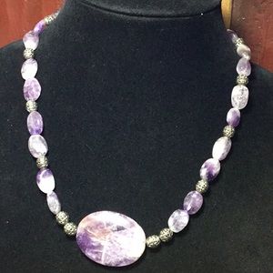 Semiprecious Charoite Stone Amethyst Crystal Necklace 19.5”L EVC 925 Claw Clasp